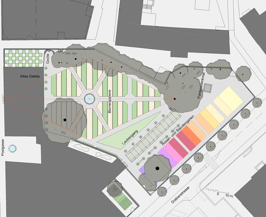Fontanapark Chur: Die Beete deuten den ehemaligen Stadtgraben an. (Foto: Hager Partner AG)