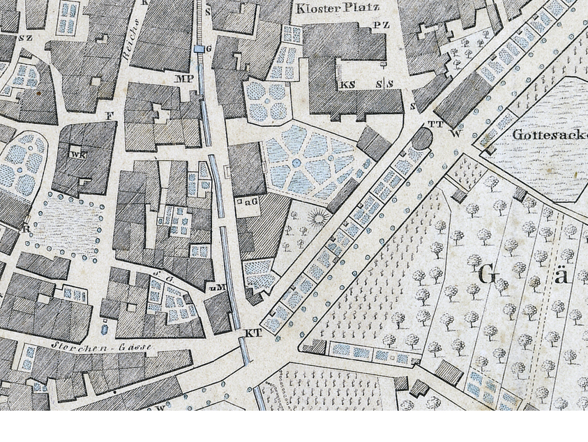 Hemmi-Plan, 1823. Der Obstgarten unterhalb der barocken Anlage wurde im Jahr 1860 abparzelliert. (Plan: Hager Partner AG)