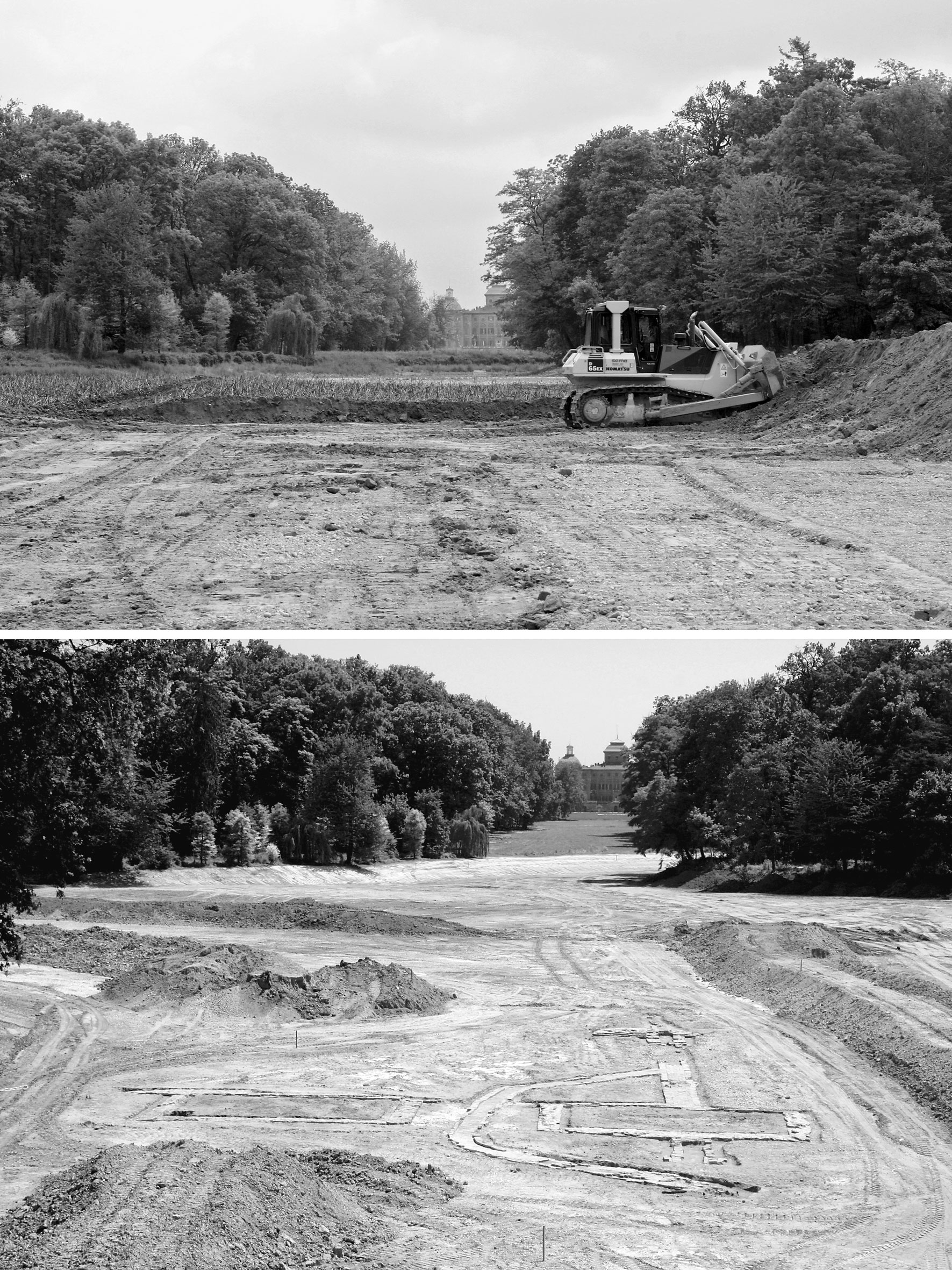 Alla fase di studio e di predisposizione del modello numerico è seguita l azione di cantierizzazione vera e propria che ha compor tato una ridefinizione pressoché totale delle pendenze e delle sezioni e una considerevole movimentazione di materiale solido sedimentato. Inoltre, durante i lavori, si sono rese necessarie modifiche al progetto a seguito del ritrovamento di preesistenze legate al periodo barocco e lenotriano del parco. Il modello si è dunque arricchito di nuove caratteristiche legate alla mem