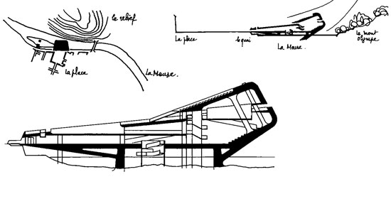 Paul Virilio, Claude Parent, Centro Culturale, Charleville 1966. (Disegno elementosdecomposicion.wordpress.com)