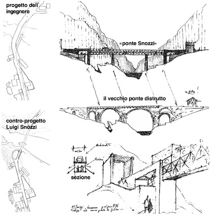 Contro-progetto di Luigi Snozzi per il ponte di Golino 1976. Snozzi propose di mantenere la stretta via unica, di servirsi dei medesimi appoggi del vecchio ponte, di allestire un passaggio pedonale all intradosso dell impalcato per il passaggio dei veicol