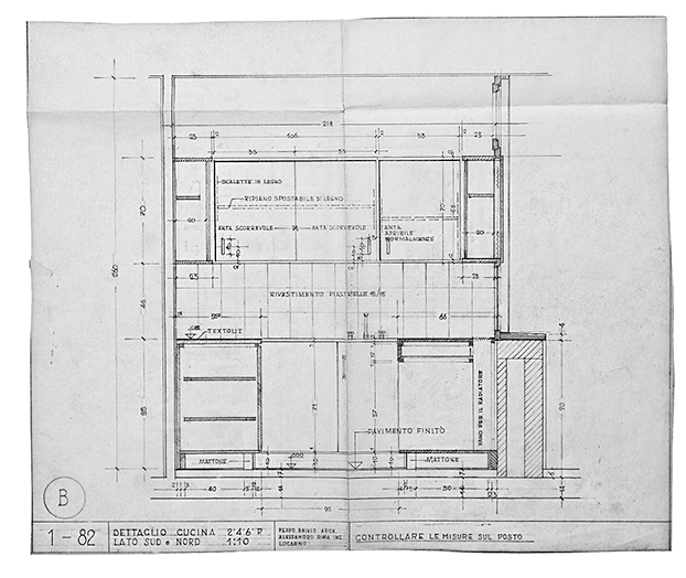 Dettaglio cucina, 2° 4° 6°P., lato sud e nord, 1:10. Sezione, s.d. (Arch. Peppe Brivio, ing. Alessandro Rima, Casa Albairone; Disegni: Archivi Architetti Ticinesi, Fondo Peppo Brivio)