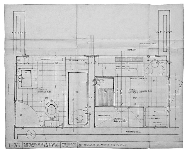 Dettaglio cucine e bagni, Pianta, rapp. 1:10. Blocco laterale, piani 1-3-5, s.d. (Arch. Peppe Brivio, ing. Alessandro Rima, Casa Albairone; Pianta: Archivi Architetti Ticinesi, Fondo Peppo Brivio)
