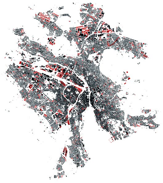 Situazione del costruito nel 2012. In rosso: edifici dal 2000 e progetti in corso. (Cartina: Amt für Städtebau della città di Zurigo)