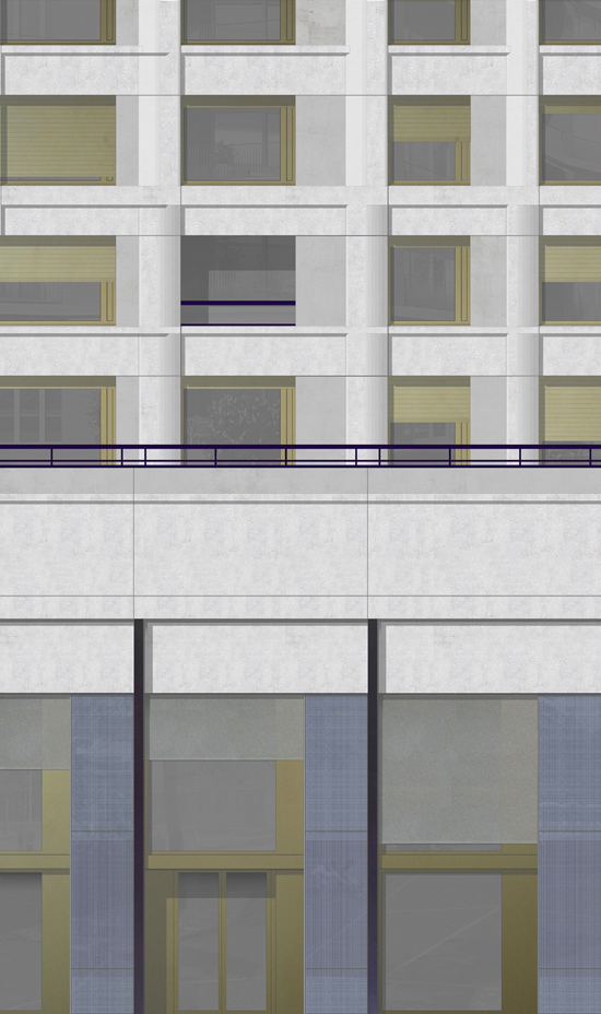 Dettaglio del fronte con concetto visivo dei materiali. (Visualizzazione: Meili, Peter Architekten)