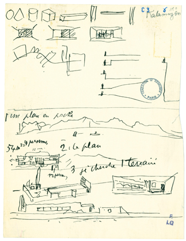 Le Corbusier, appunti per una conferenza sulla Petite Maison: Schizzi della pianta, del prospetto verso il lago, della volumetria e del paesaggio di fronte; schizzi prospettici dell interno della casa. (Foto: Fondation Le Corbusier C3 (6) 190).