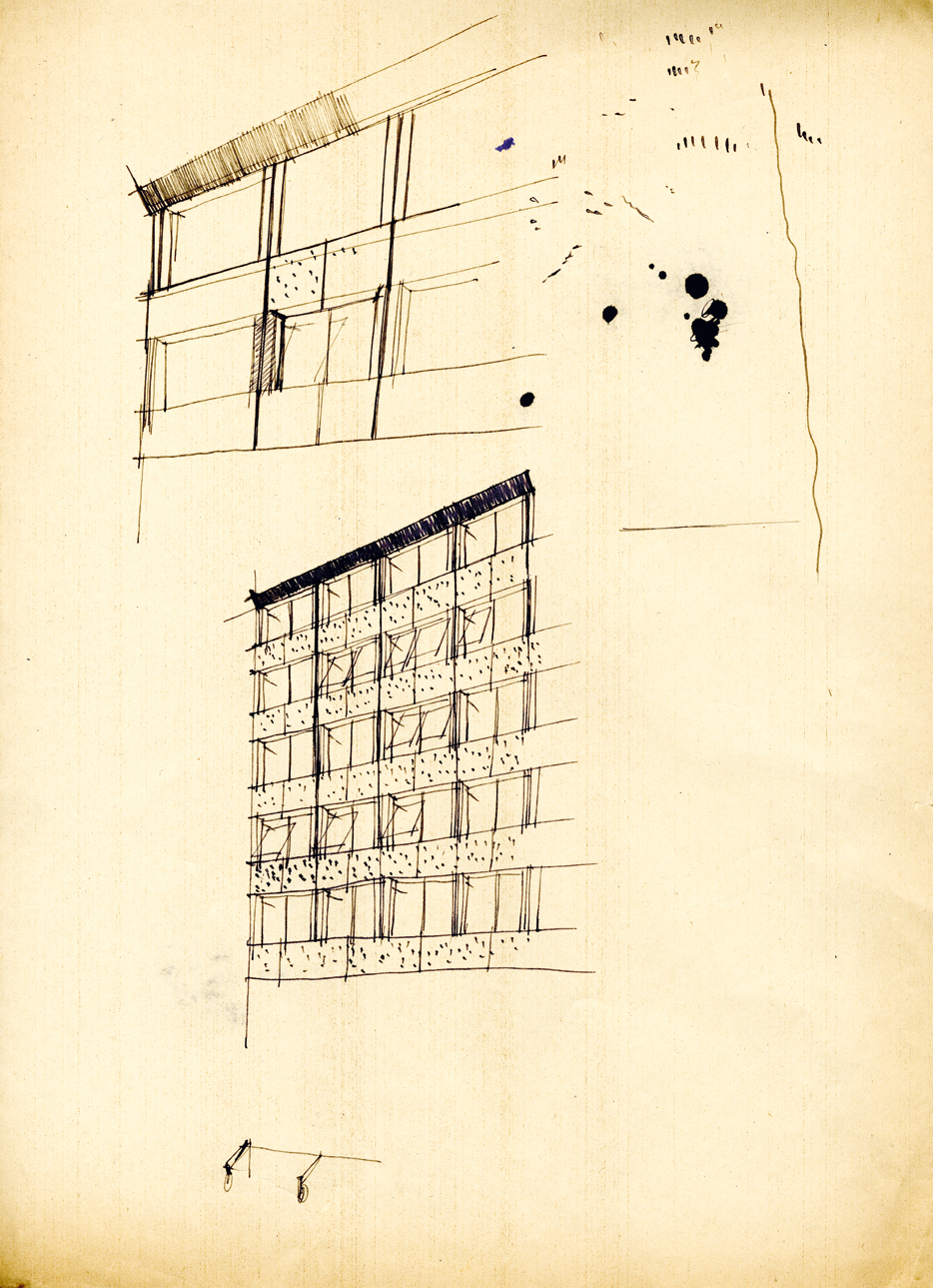 Vico Magistretti, schizzo di studio preliminare della facciata dell edificio di corso Europa. Si noti come questa soluzione preveda due fasce orizzontali ben definite: pannello in pietra-finestre. (Foto: Fondazione Magistretti, Milano)