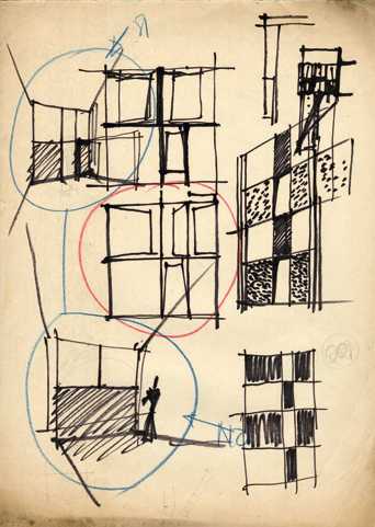 Vico Magistretti, studi del modulo di facciata dell edificio di corso Europa in relazione alla disposizione degli interni. (Foto: Fondazione Magistretti, Milano)
