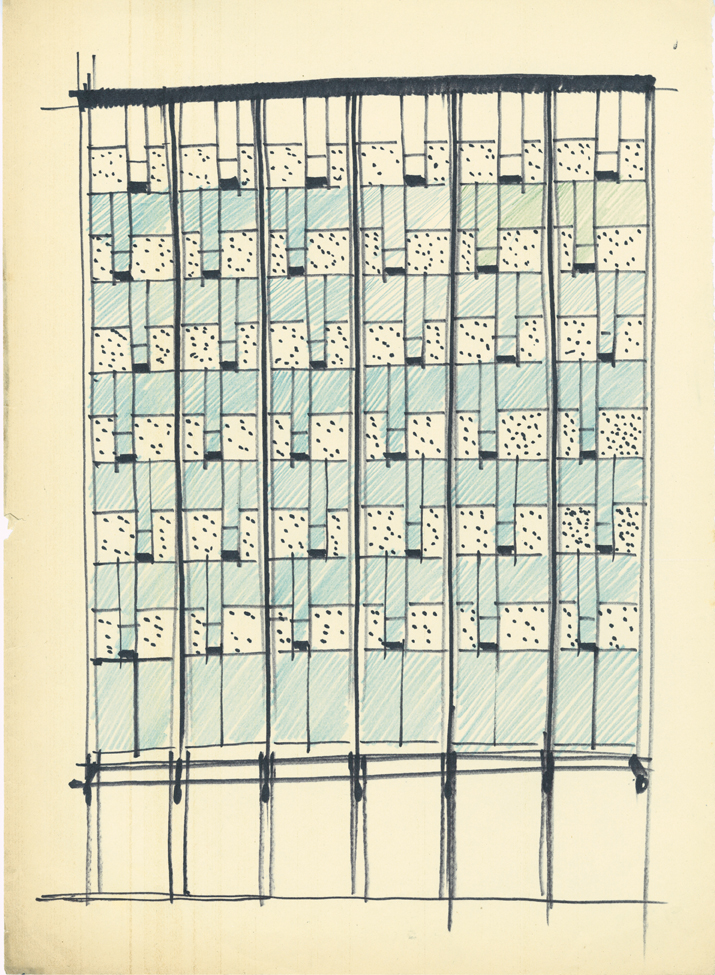 Vico Magistretti, schizzo di studio della facciata dell edificio in corso Europa. Si noti la differenza nell allineamento dei moduli rispetto alla soluzione realizzata. (Foto: Fondazione Magistretti, Milano)