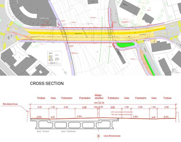 Nuovo ponte: richiesta della vista in pianta e sezione. (Pianta e sezione: Guscetti &amp; Tournier ingénieurs)