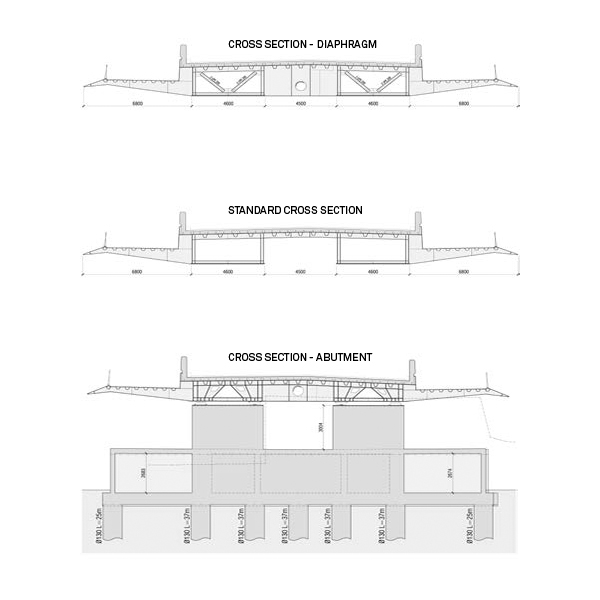 Sezioni trasversali. (Sezione: Guscetti &amp; Tournier ingénieurs; Brauen + Wälchli architecture)