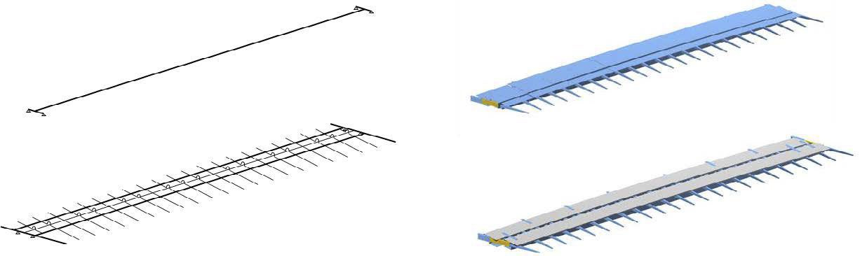 Modellazione ad elementi finiti di una metà di ponte con elementi trave (sinistra) ed elementi guscio (destra). (Immagine: Guscetti &amp; Tournier ingénieurs)