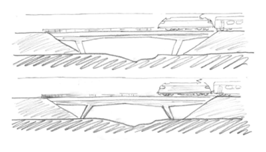 Principio del ponte sul Laveggio con piedritti ruotati verso le estremità del ponte in modo d'aumentare la trasparenza e rendere la struttura più coerente con la scala del manufatto e l'alternativa con schema ad arco-portale. (Schizzo: Lurati Muttoni Part