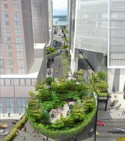 Rendering del tratto finale della High Line a nord-est con vista esterna di «The Spur». (Visualizzazione: James Corner Field Operations and Diller Scofidio + Renfro. Courtesy of the City of New York and Friends of the High Line)