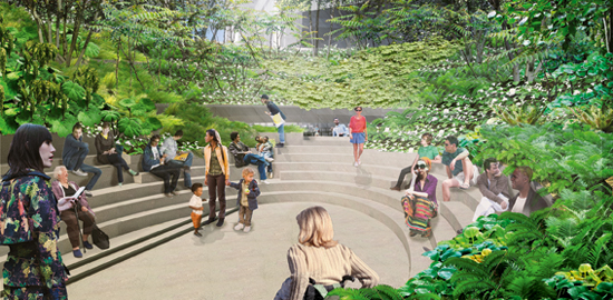 «The Spur» è una sorta di anfiteatro ricoperto di vegetazione e sormontato dai nuovi grattacieli. (Visualizzazione: James Corner Field Operations and Diller Scofidio + Renfro. Courtesy of the City of New York and Friends of the High Line)