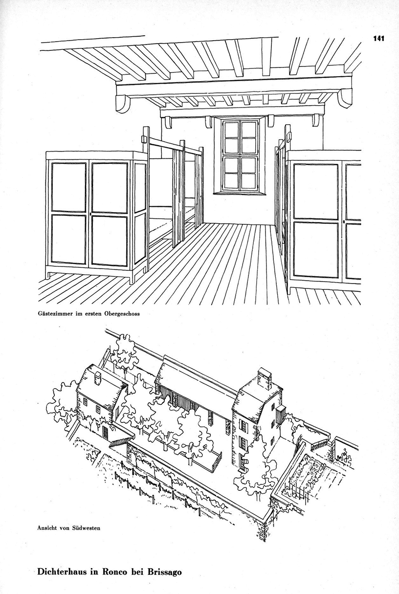 Paul Artaria, Casa per un poeta, Ronco sopra Ascona, 1937. Camera degli ospiti e vista generale. (Fonte: Paul Artaria, Von bauen und wohnen, Basel, 1939)