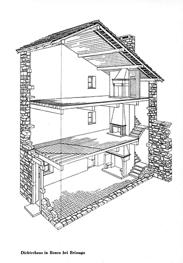 Paul Artaria, Casa per un poeta, Ronco sopra Ascona, 1937. Spaccato prospettico. (Fonte: Paul Artaria, Von bauen und wohnen, Basel, 1939)