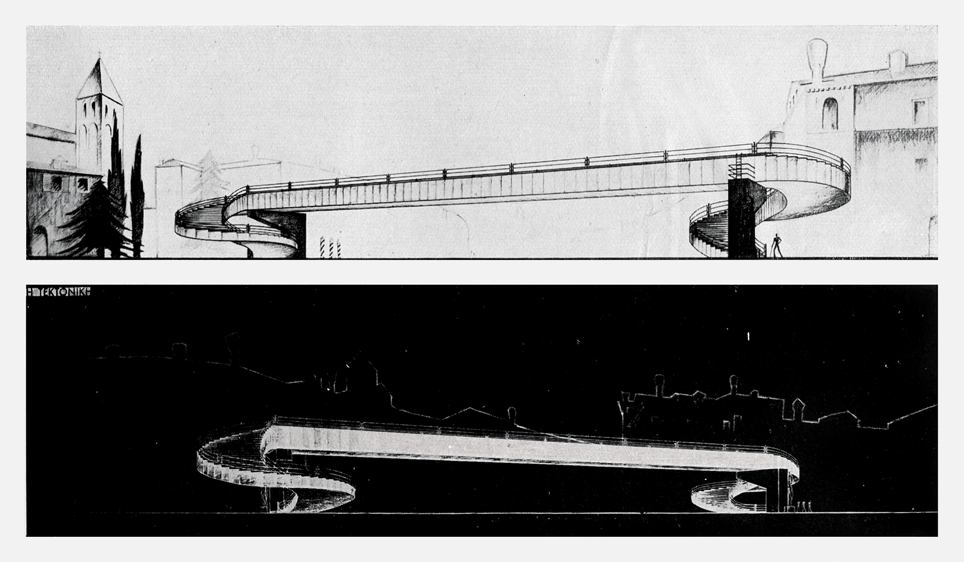 Disegni di Agnoldomenico Pica e Mirko Buccianti per il progetto di concorso per il nuovo ponte dell Accademia a Venezia (pubblicati in Architettura, n. 5, 1933, pp. 309, 310)