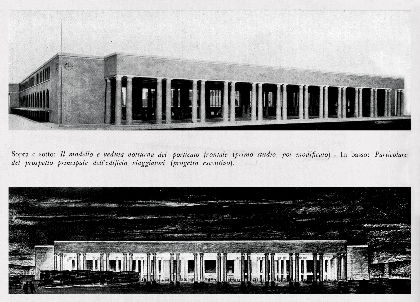 Modello e prospettiva notturna per il progetto della nuova stazione Roma Termini di Angiolo Mazzoni (pubblicati in Architettura, n. speciale, 1939, p. 82)