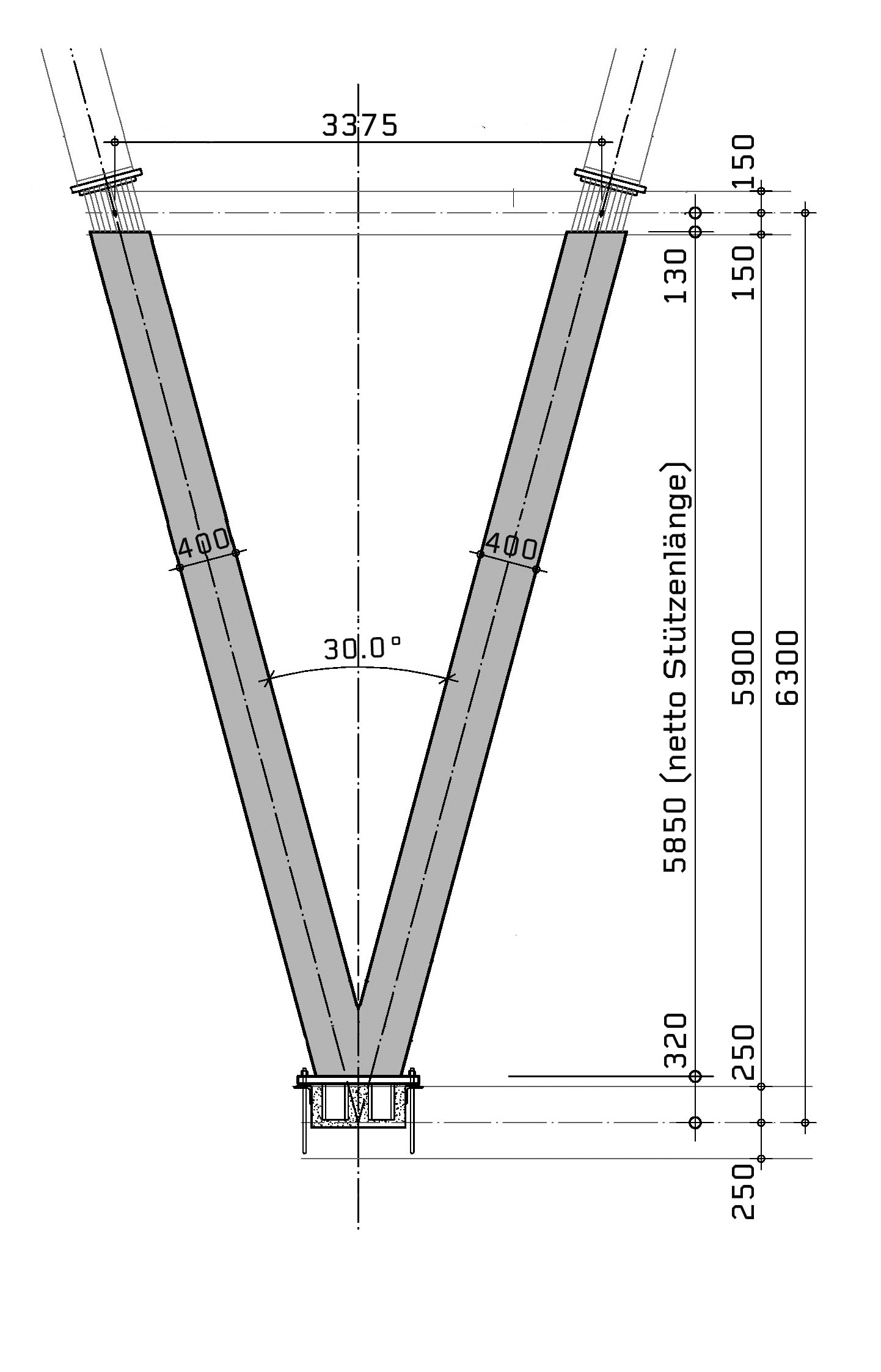 V-förmige Stahlbeton-Fertigteilstütze, die oben an A-förmige Stützen anschliesst. Die Stützenkopplungen nehmen Druck- und Schubkräfte auf, teilweise auch Zugkräfte