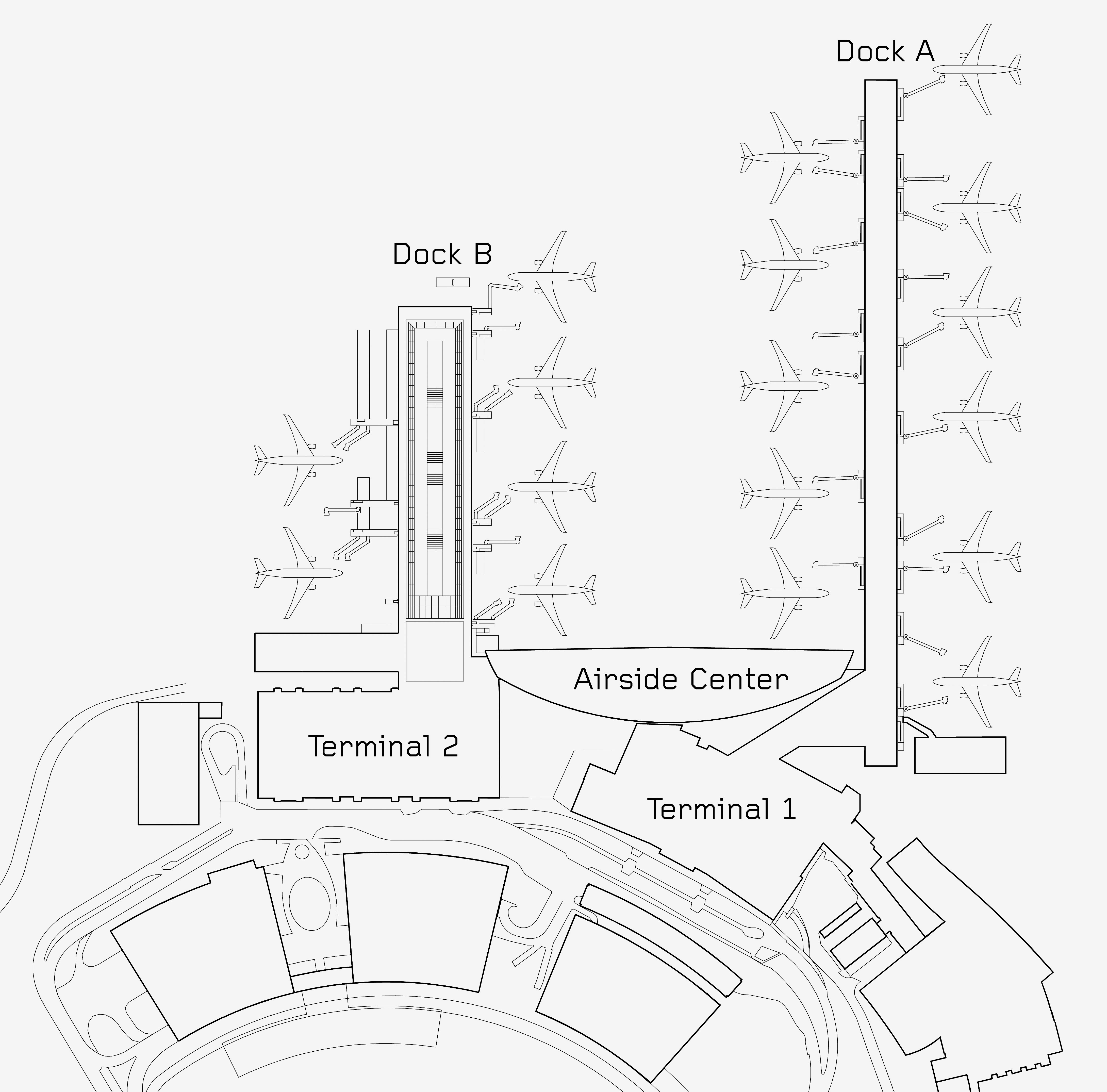 Ausschnitt Situation. Das (nicht eingezeichnete) SK-Gebäude liegt zwischen dem Airside Center und den Terminals