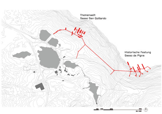 Situation. 1 Hospiz mit St.-Gotthard-Kapelle; 2 Museo Forte Ospizio San Gottardo; 3 St.-Gotthard-Museum.