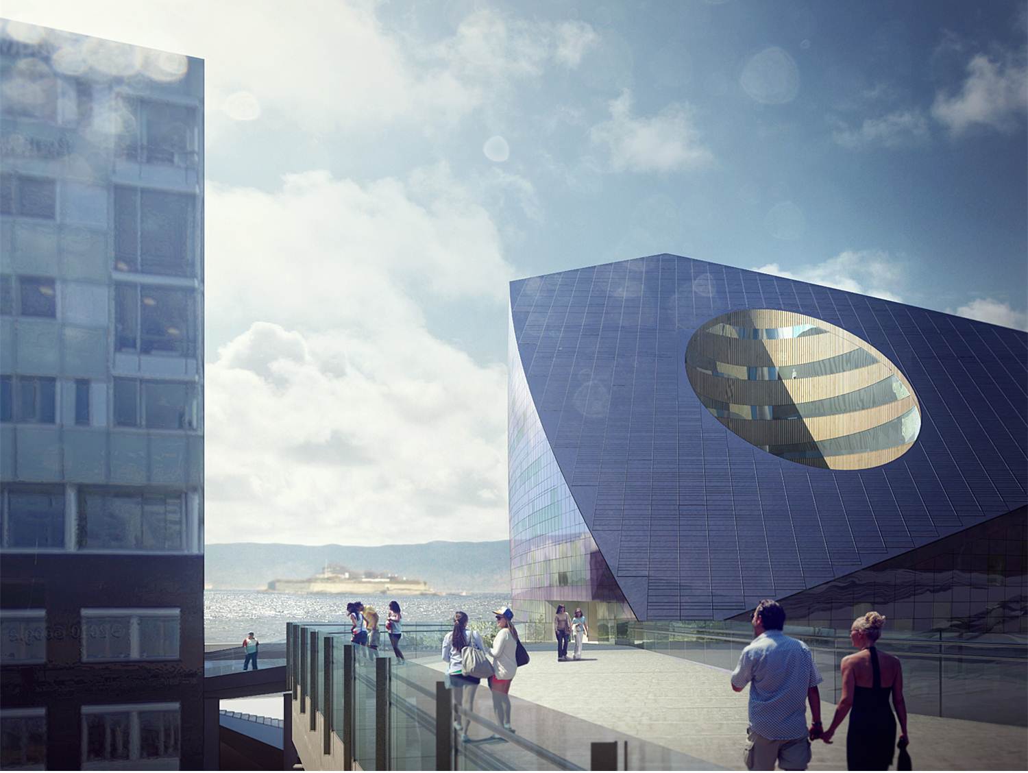 Das Projekt Powerhouse One in Trondheim: Blick auf das gegen Süden geneigte Dach mit Fotovoltaik-Elementen.