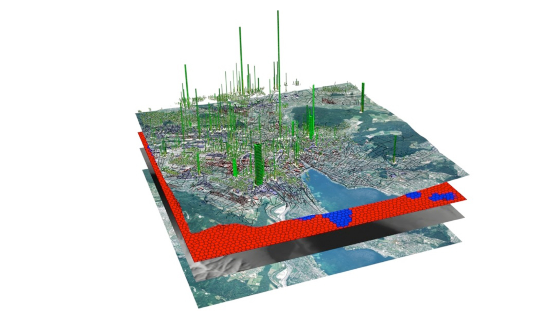 Topografische 3D-Visualisierung der erwarteten jährlichen CO2-Emissionen von Gebäuden in der Stadt Zürich (Grafik: Jan Halatsch, ETH Zürich)