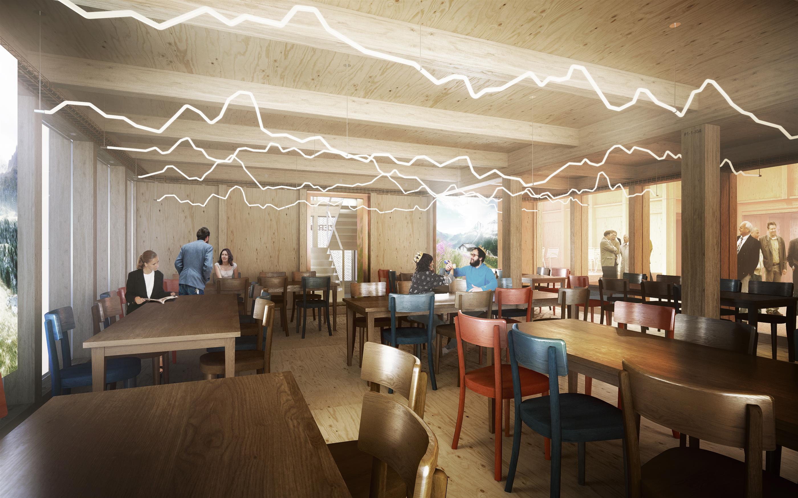 Das «Mountain Restaurant» ist geprägt von Schweizer Design. Die Tische und Stühle von Horgenglarus sind Ausdruck handwerklicher Präzision. Ausgeleuchtet wird der Raum durch hintereinander geschichtete, als Bergpanorama ausformulierte Leuchten. Grosse, mit Bergmotiven versehene Leuchtkästen tauchen den Raum in eine künstliche Bergwelt.