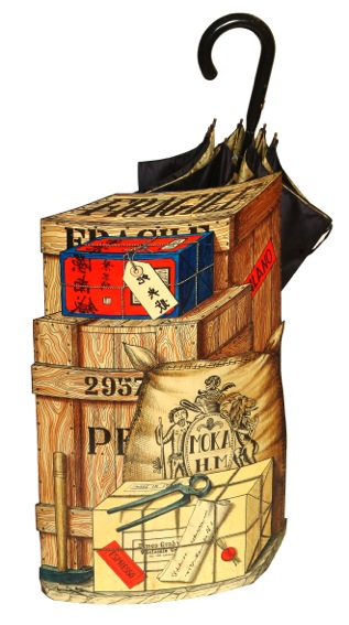 Schirmständer mit Trompe-l oeil-Motiv «Import-Export». Blech bedruckt, bemalt und lackiert (1950/1960). (Bild: Fornasetti)