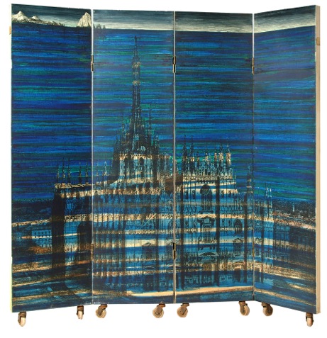 Paravent mit dem Motiv des schlummernden Doms. 200x200 cm, vierteilig mit 8 Rollen, Holz bedruckt, von Hand bemalt und lackiert (undatiert). (Bild: Fornasetti)