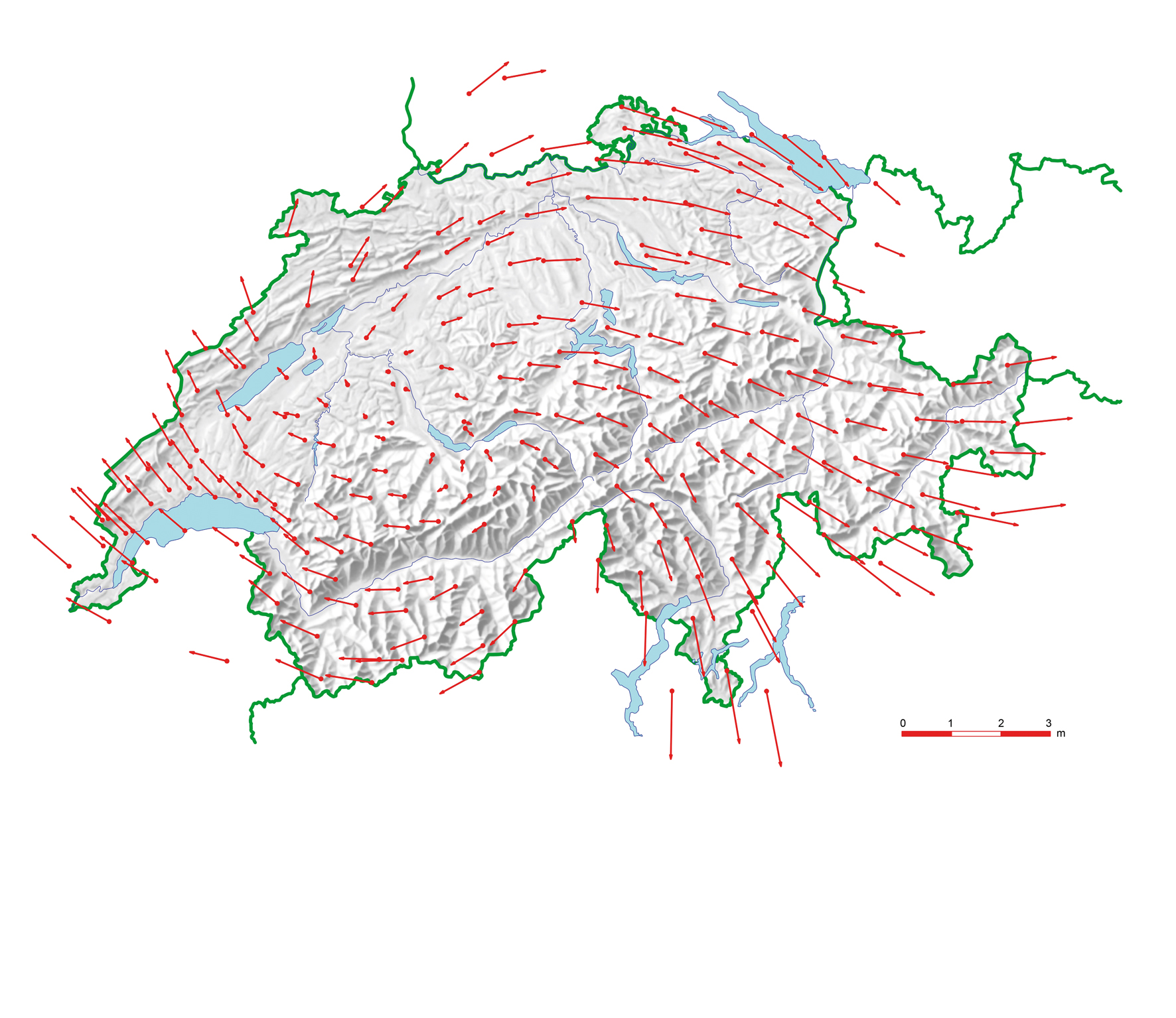 1903 war die Genauigkeit der Distanzmessung geringer als heute. Durch die satellitengestützte Vermessung ergeben sich beim Vergleich Abweichungen von bis über 2.5 m zwischen Genf und Graubünden, je nach Messstelle auch in unterschiedlicher Himmelsrichtung. Die Karte zeigt diese (fiktiven) Verschiebungsvektoren.