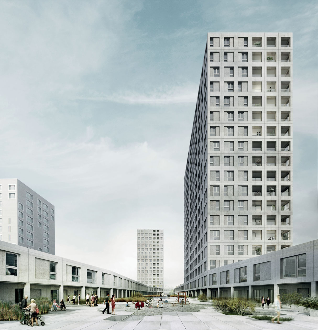 Maisonette- und Satellitenwohnungen flankieren einen grosszügigen Wohnhof über der Tramdepothalle. (Visualisierung: Morger + Dettli Architekten)