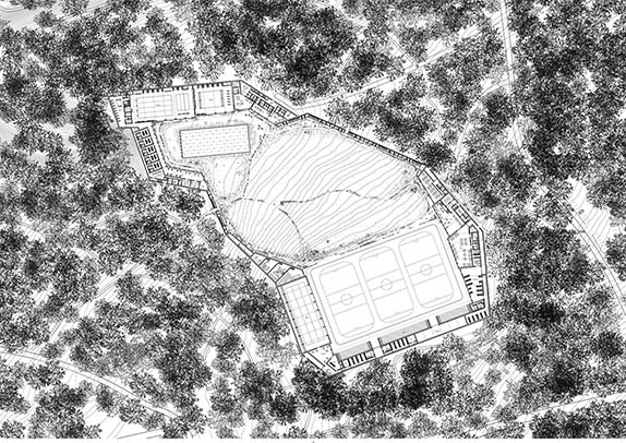 «Sport, Natur und Stadt. Dolder Bad und Kunsteisbahn», Situationsplan, Masterarbeit: Malte Kloes, Assistenzprofessur Emanuel Christ/Christoph Gantenbein. (Foto: Assistenzprofessur Emanuel Christ/Chrisoph Gantenbein, D-ARCH, ETH Zürich)