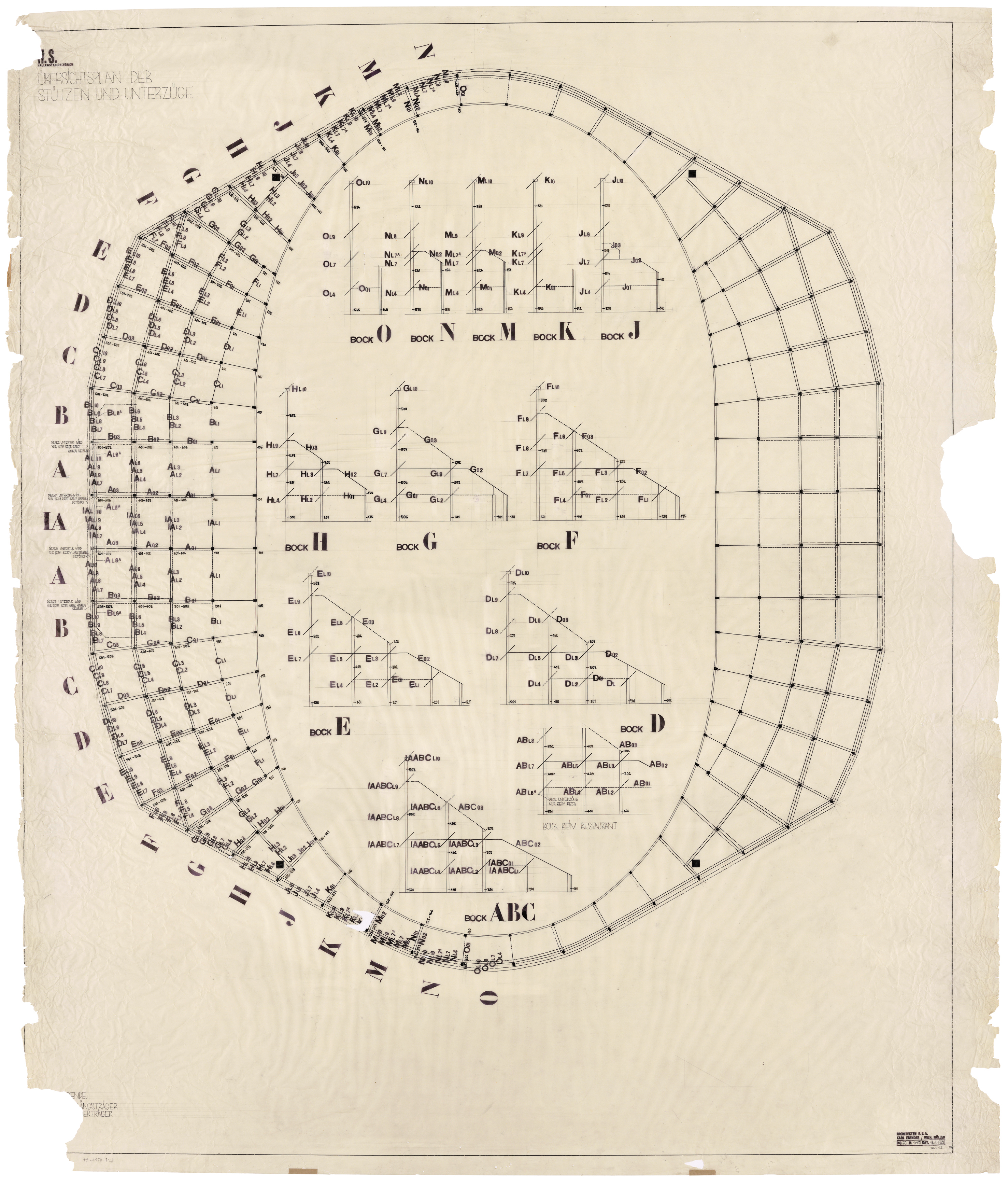 Kapitel «Katalog», Karl Egender, Wilhelm Müller: Grundriss und Schnitte Stützen und Unterzüge, Hallenstadion Zürich,1938 (Bauzeit: 1938 1939). Papierformat: 131,5 x 156,5 cm, Zeichnungsformat: 124,3 x 151,5 cm; Zeichentechnik: Tusche auf Transparentpapier