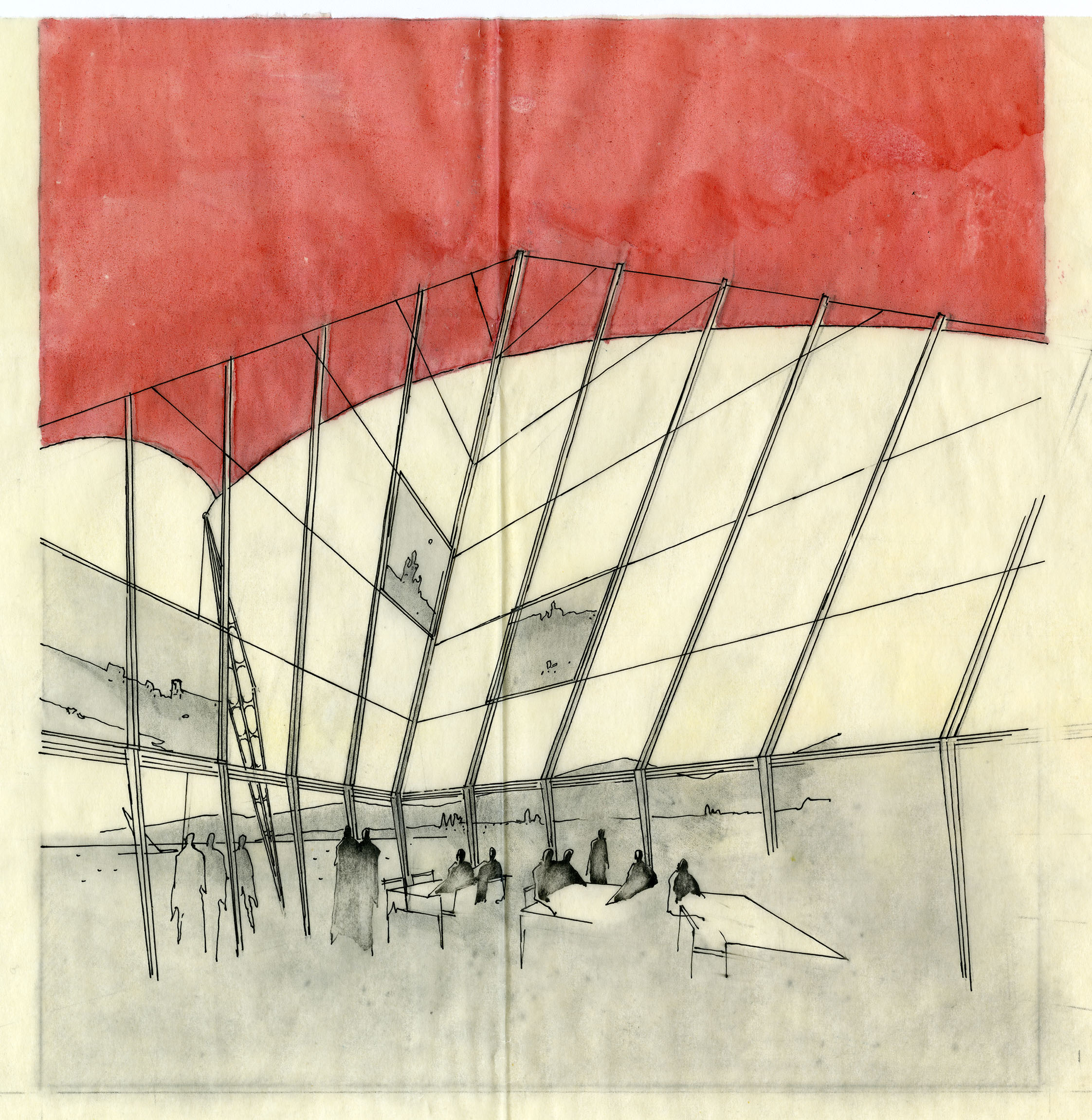 Perspektivische Skizze eines Segeldachs am Hafen. (Bild: Archives de la construction moderne EPFL)