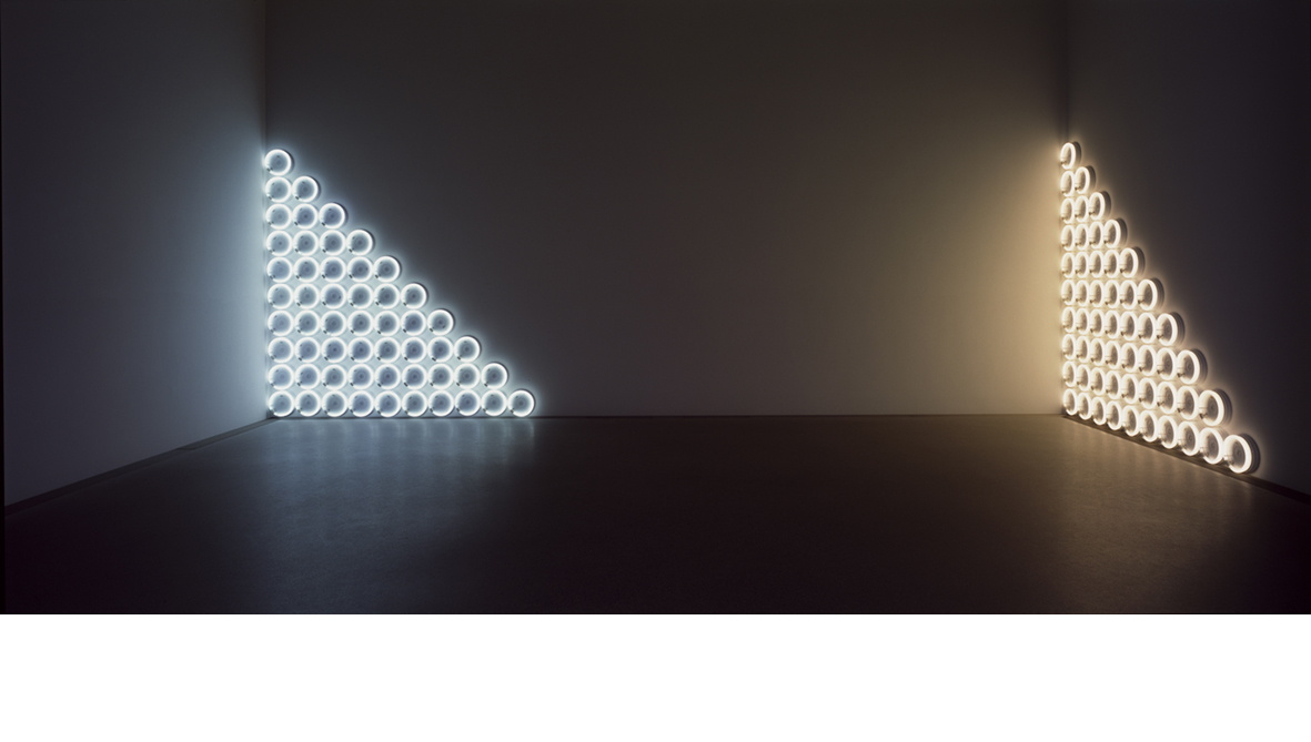 Untitled (to a man, George McGovern) 1, 1972, und untitled (to a man, George McGovern) 2, 1972; The Estate Collection David Zwirner. (Foto: mumok, Wien, Florian Holzherr, Courtesy of David Zwirner, New York © 2012 Stephen Flavin / Pro Litteris, Zürich)