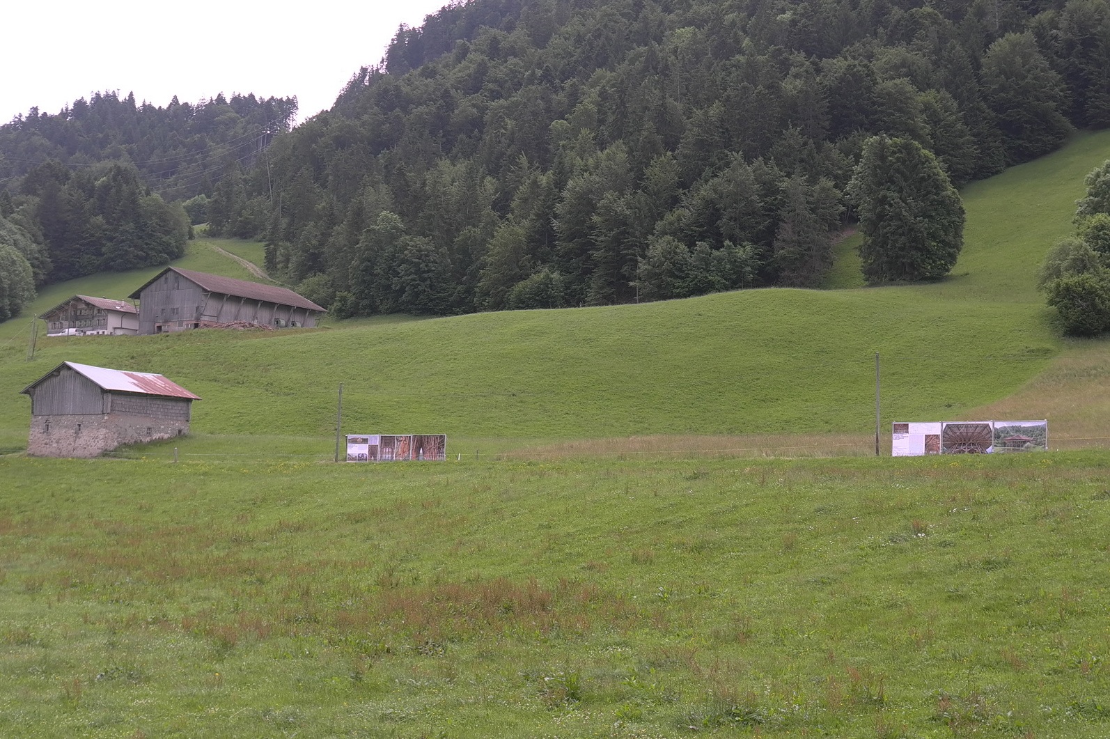Die Ausstellung ist als Teil der Landschaft konzipiert. Blick auf die Wegstrecke «Revers» mit zwei der insgesamt 14 Ausstellungsstationen. (Foto: Charles von Büren)
