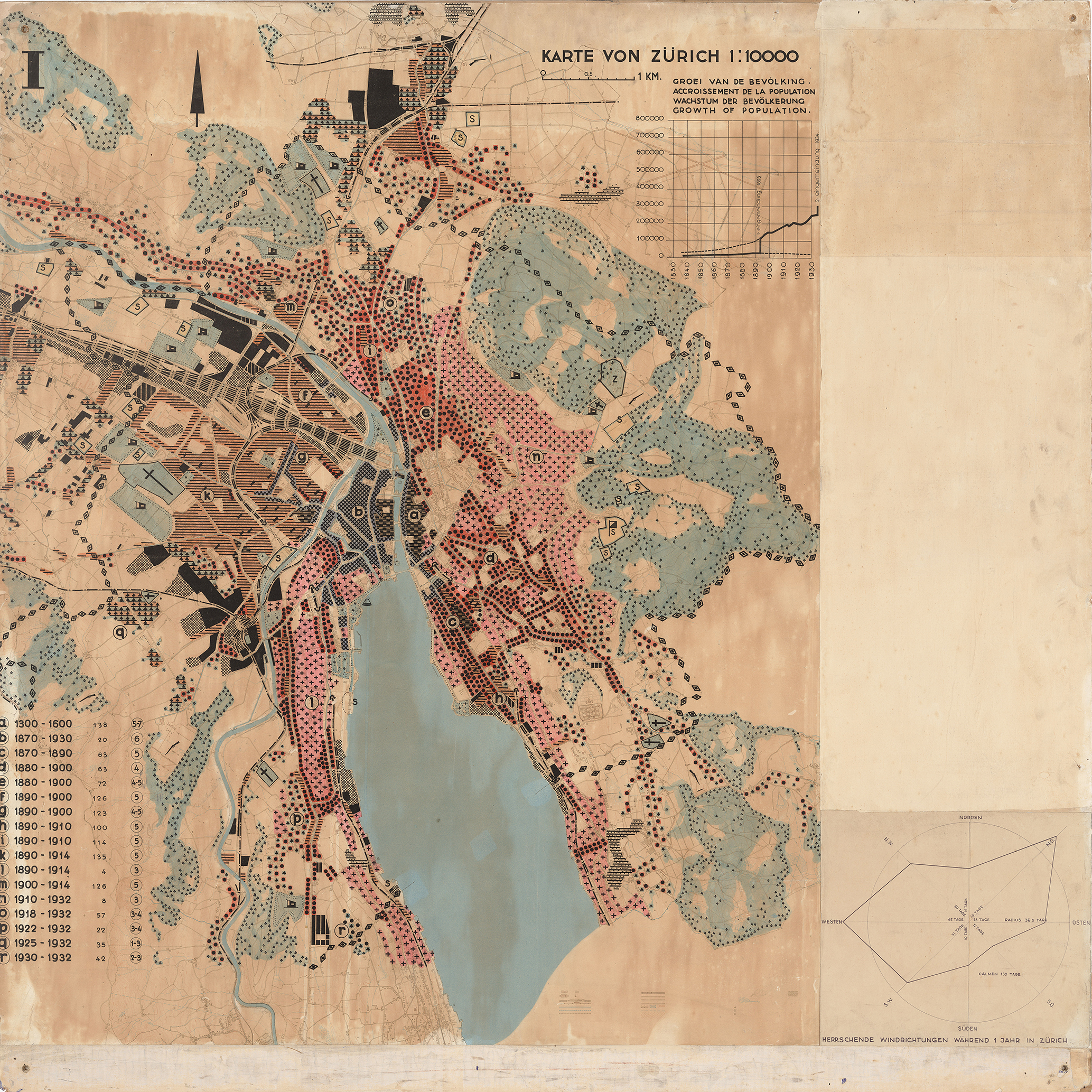 Karte I der von der Zürcher Gruppe angefertigten Stadtanalyse von Zürich. Dargestellt sind die vier Funktionen Wohnen, Arbeiten, Verkehr und Erholung.