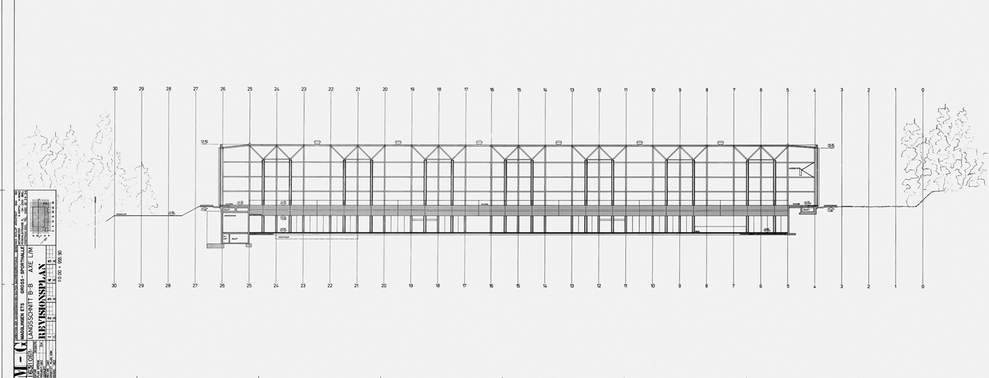 Max Schlup, Grosssporthalle Magglingen, 1970-76: Revisionsplan Längsschnitt, Juni 1976. (Plan: Projektverfasser)