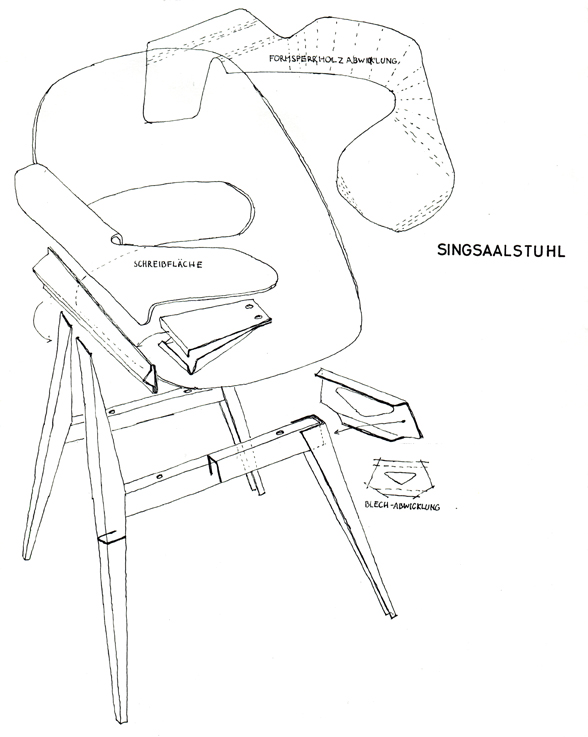 Der Schüler- und Singsaal Stuhl für das Ginnasio Locarno aus dem Jahre 1963 ist aus Holz und Metall konstruiert. (Skizze: zvg)