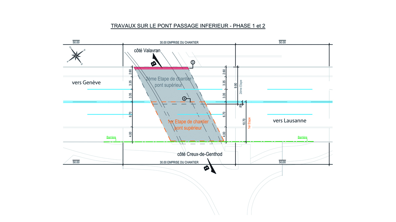 Vue en plan du P.I. du Creux de Genthod avec les étapes de travaux