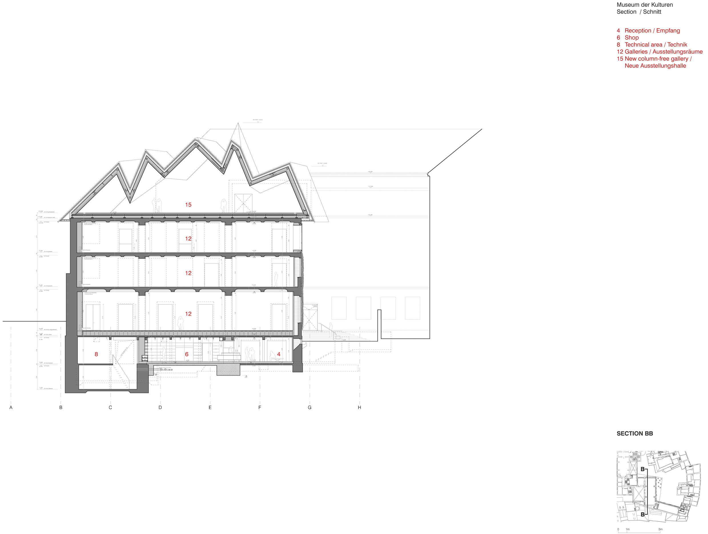 Coupe?: réception (4)?; boutique (6)?; local technique (8)?; espaces d’exposition (12) et nouvelle salle (15)