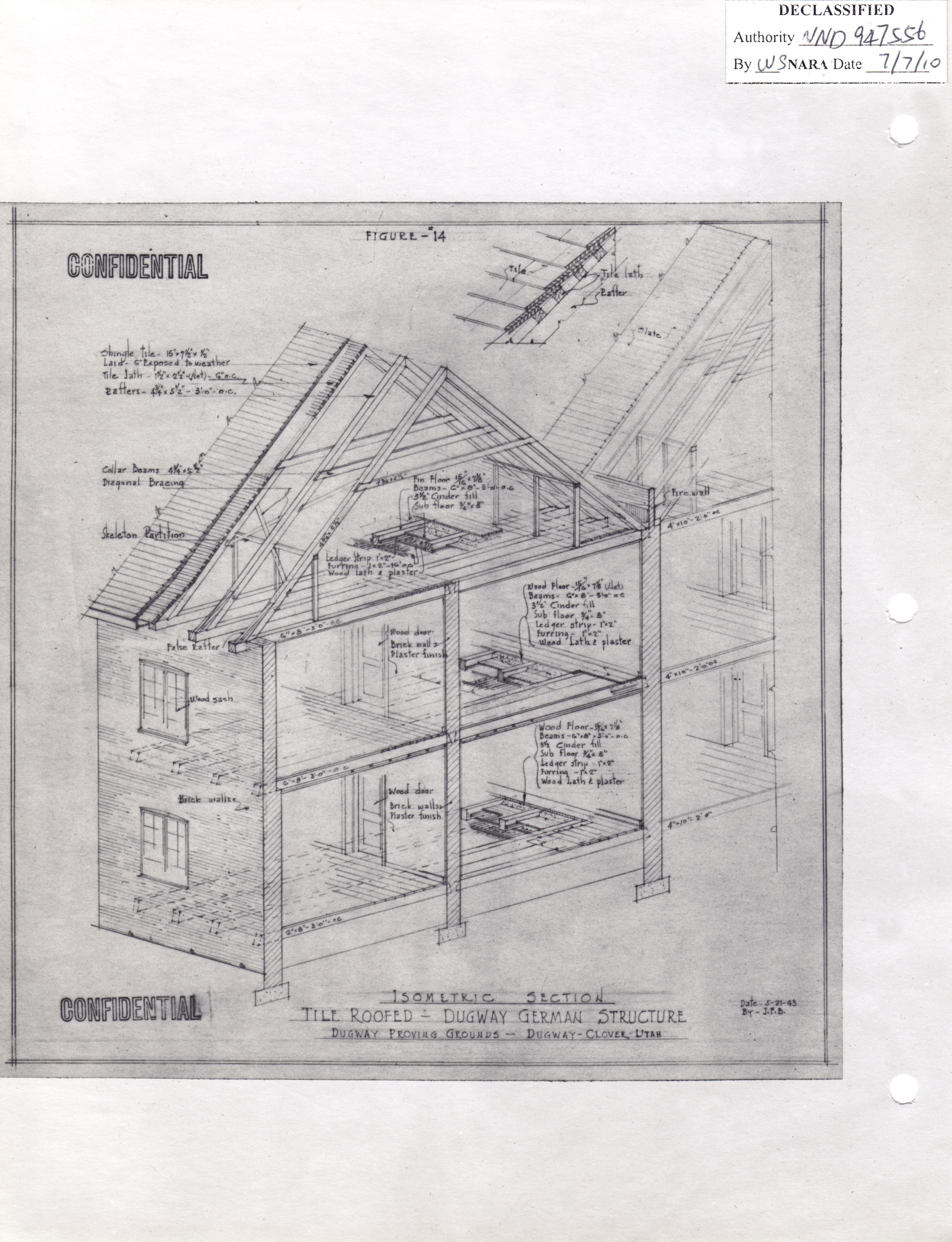 Erich Mendelsohn, Konrad Wachsmann, village allemand, Dugway Proving Grounds, Utah, vue axonométrique de la structure d’un bâtiment couvert en tuiles, 1943 (National Archives and Records Administration, Washington)