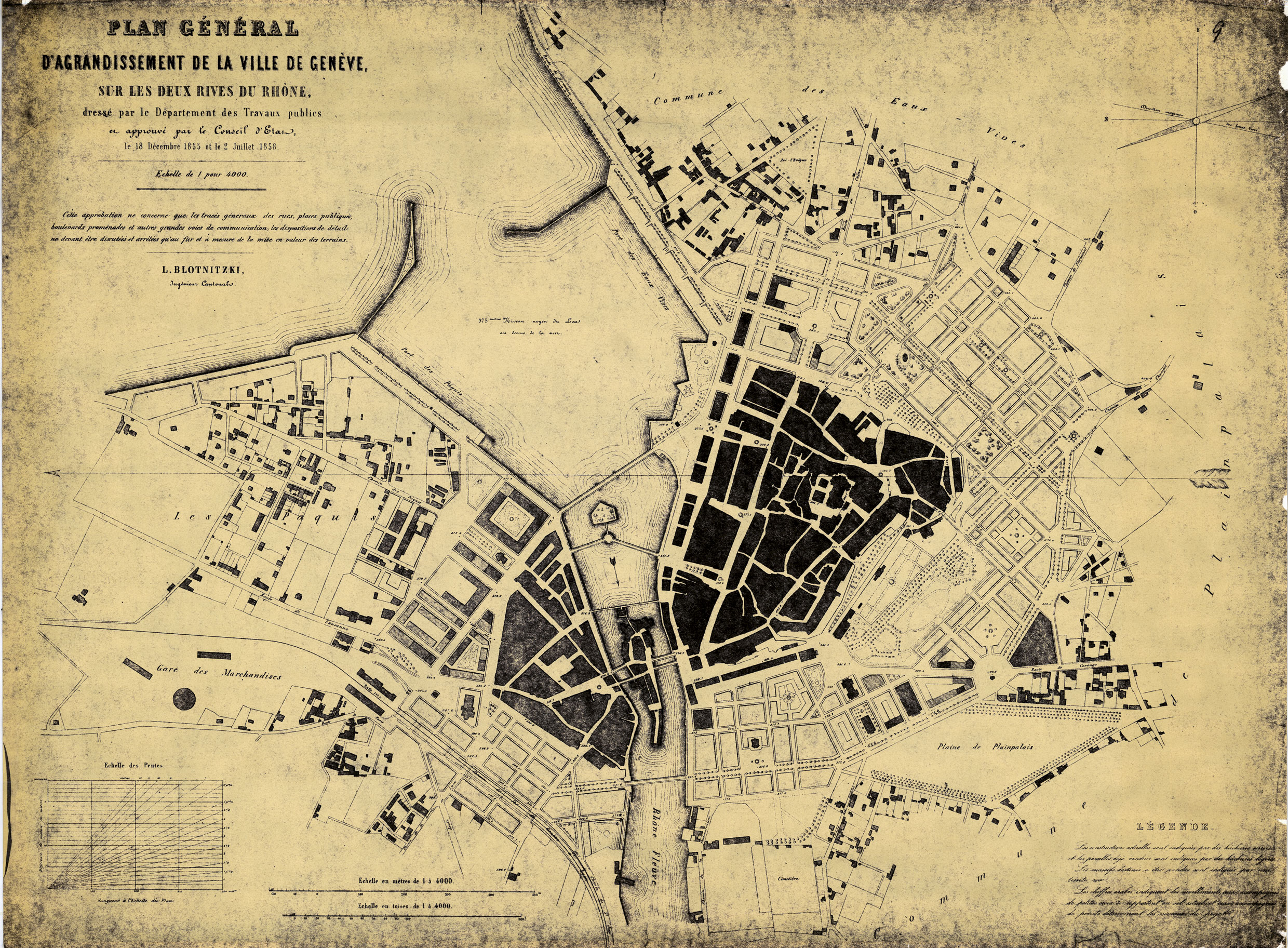 «?Plan général d’agrandissement de la ville de Genève?», 1855, 1858, Département des travaux publics, Leopold Blotnitzki, ingénieur cantonal, échelle 1:4000,