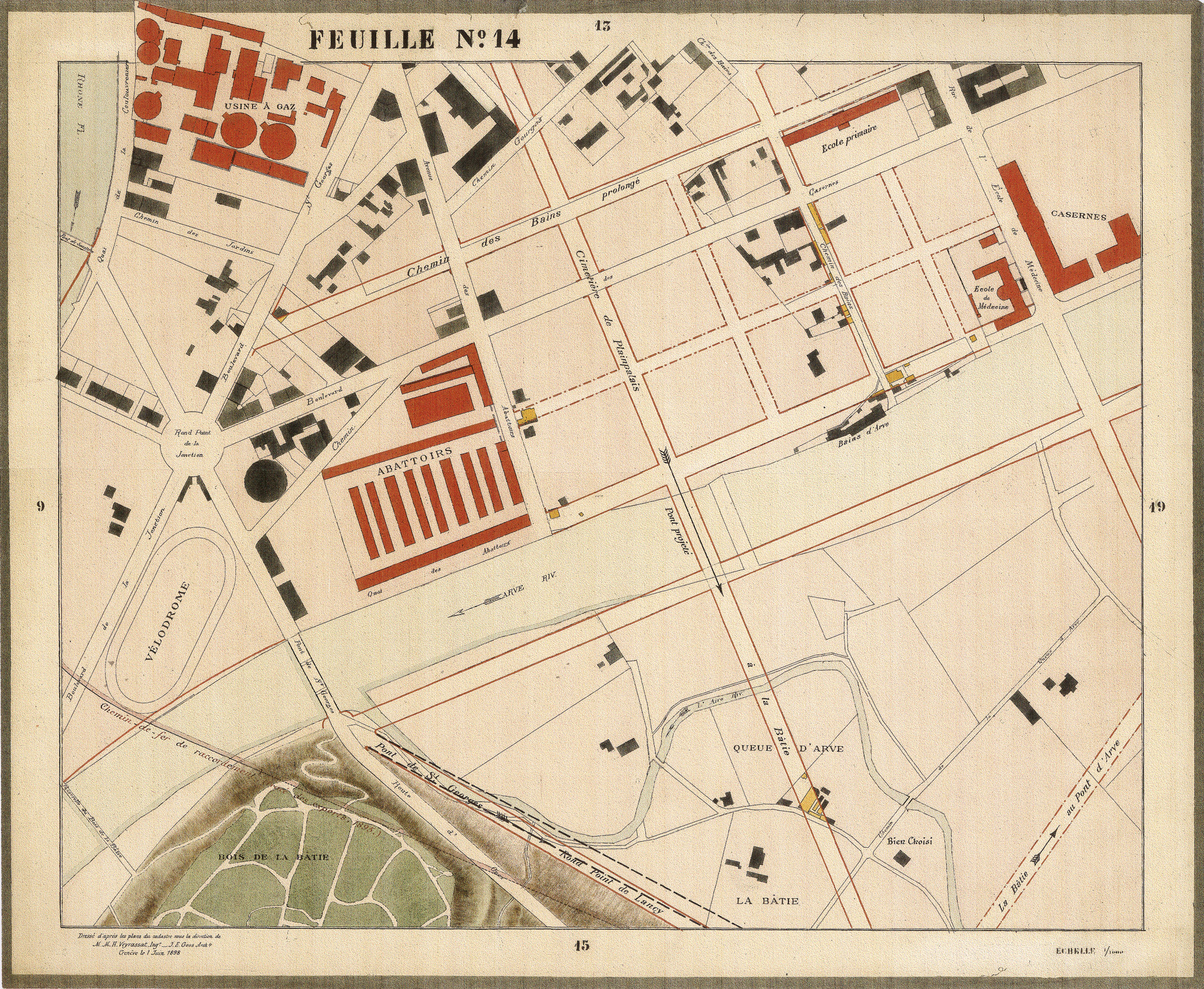 Plan d’extension, feuille n°14, Jonction-Queue d’Arve, J.-E. Goss et H. Veyrassat,1898, échelle 1:1000,