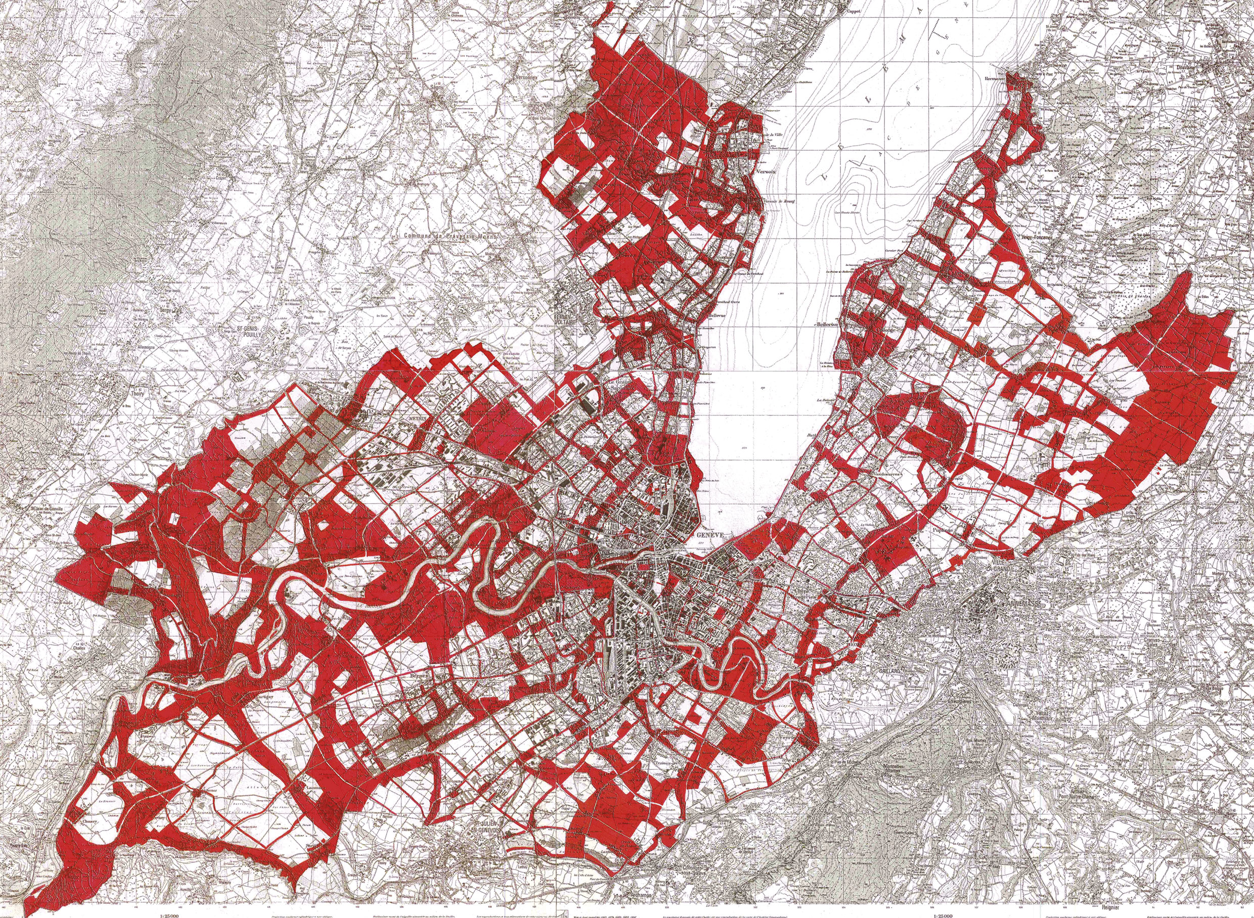 Report des «?surfaces publics et sites à classer?» (maille verte) de 1936 sur une carte à l’échelle 1:25?000 de 1992,