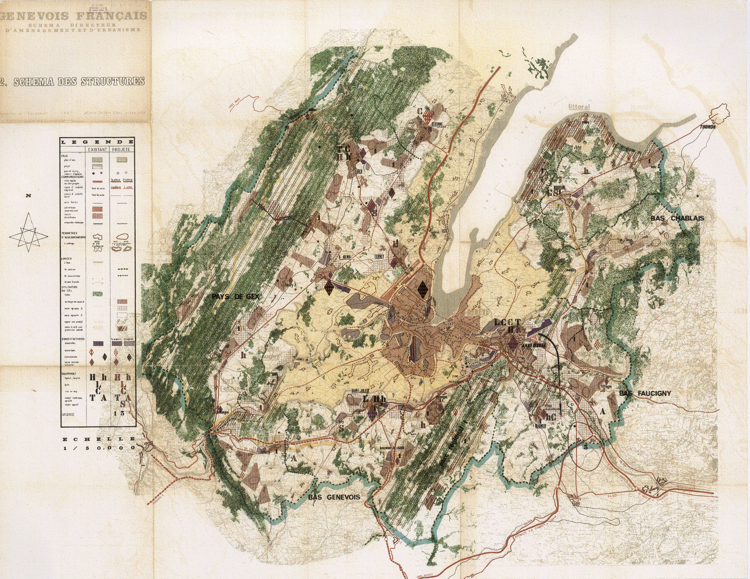 «?Le Genevois français, schéma des structures?», Cottin, Dallière et Clerc, architectes urbanistes, original rehaussé de couleur, 1967, échelle 1:50?000,
