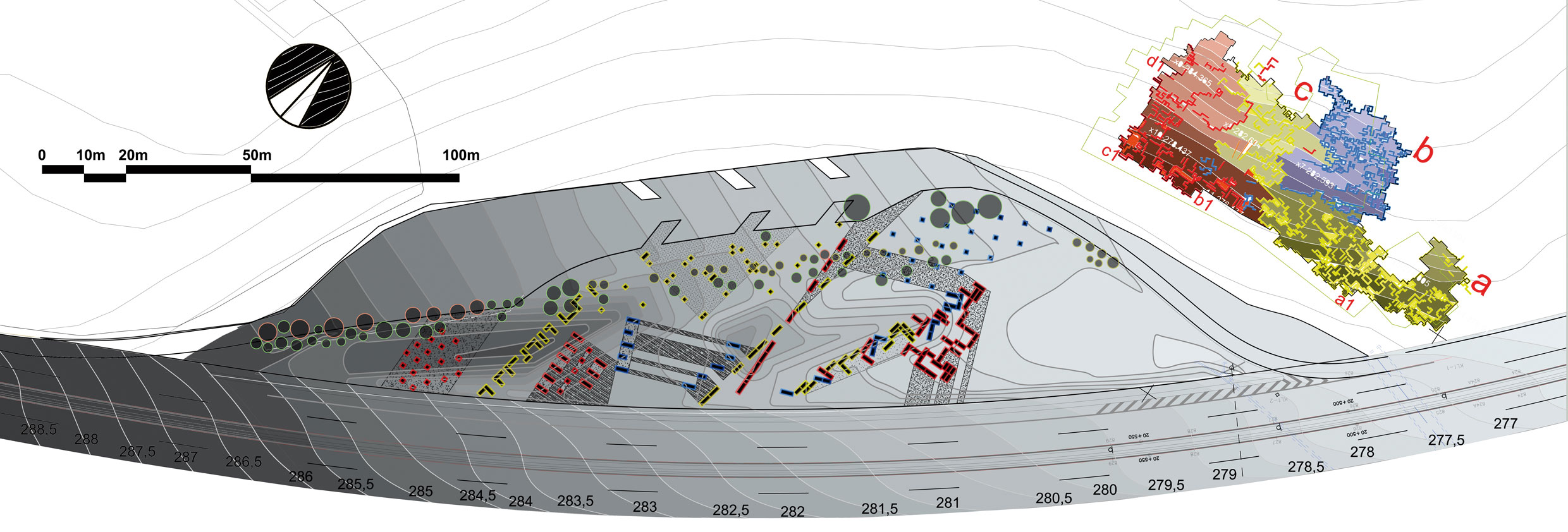 Plan du site. Le jeu de couleurs traduit la mise en dialogue des différentes orientations de la carrière avec le nouveau site .