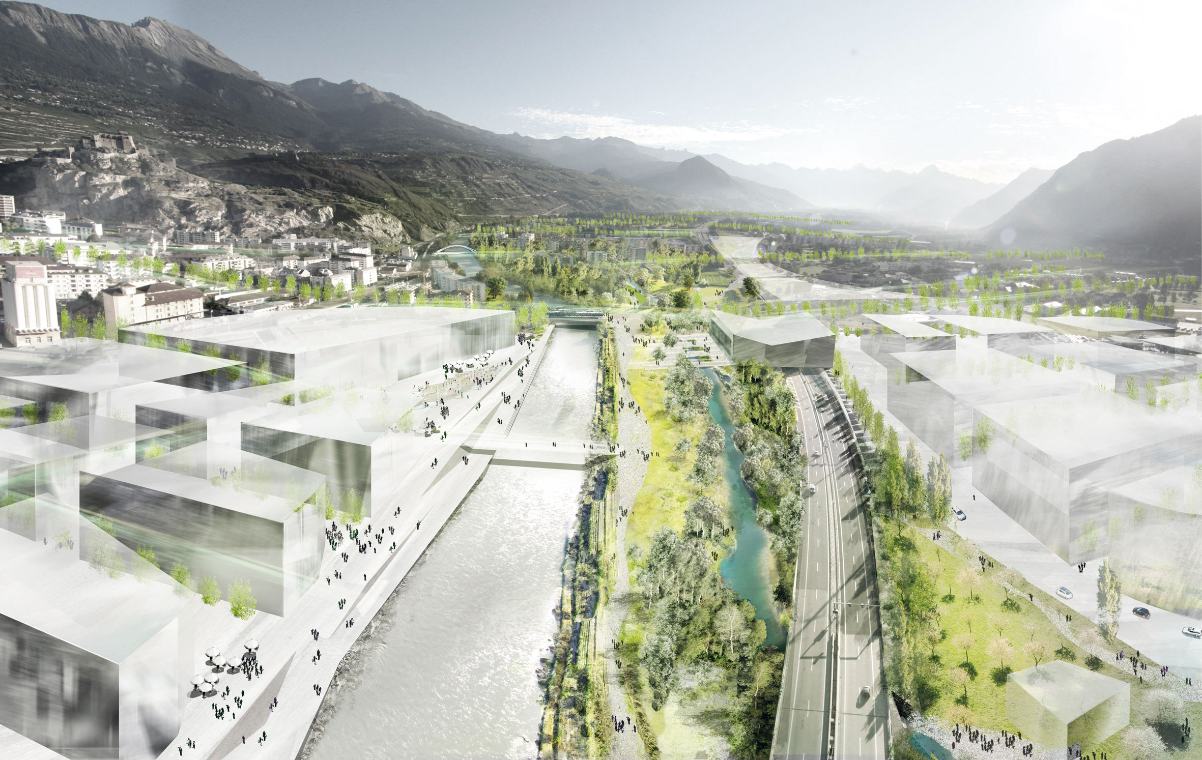 Représentation de la traversée du Rhône en ville de Sion